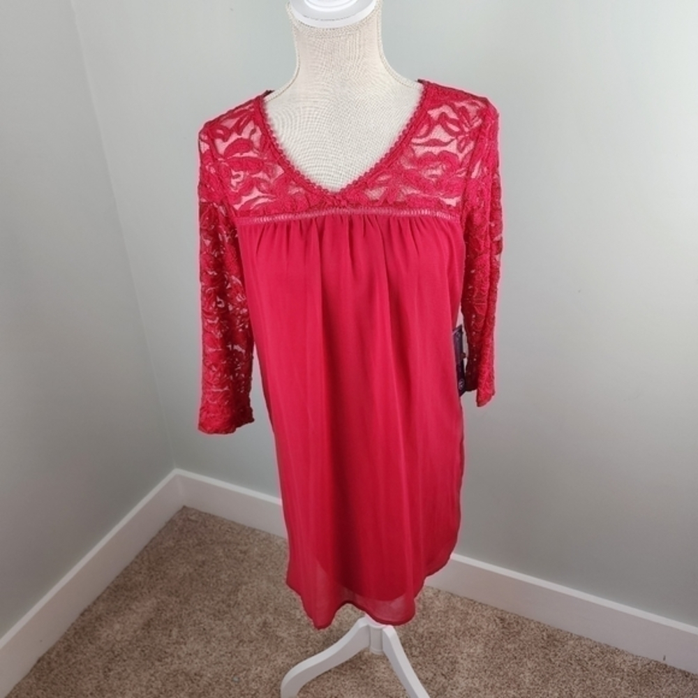 As U Wish Red V Neck Sheer Floral Midi Dress Stretch 3/4 Sleeve Size Small NWT